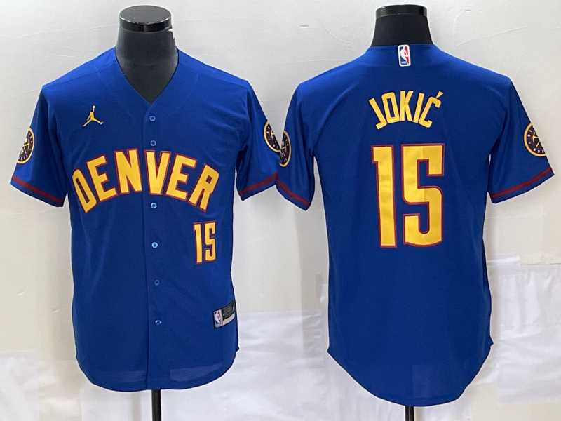 Mens Denver Nuggets #15 Nikola Jokic Blue With Patch Stitched Baseball Jersey->denver nuggets->NBA Jersey